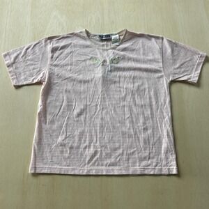 Erika & Co. Shirt Womens Large Pink Striped Crew Neck Embroidered Tee Top